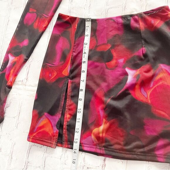 Sheer Mesh Floral 2 Piece Set | Red & Pink Y2K Clubwear Crop Top + Mini Skirt XS - Picture 8 of 16